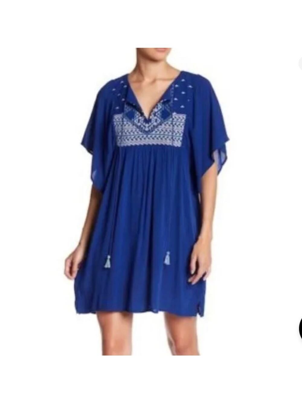 LOVESTITCH Flutter Sleeve Boho Mini Dress Tassel Tie Front Royal Blue Size Small
